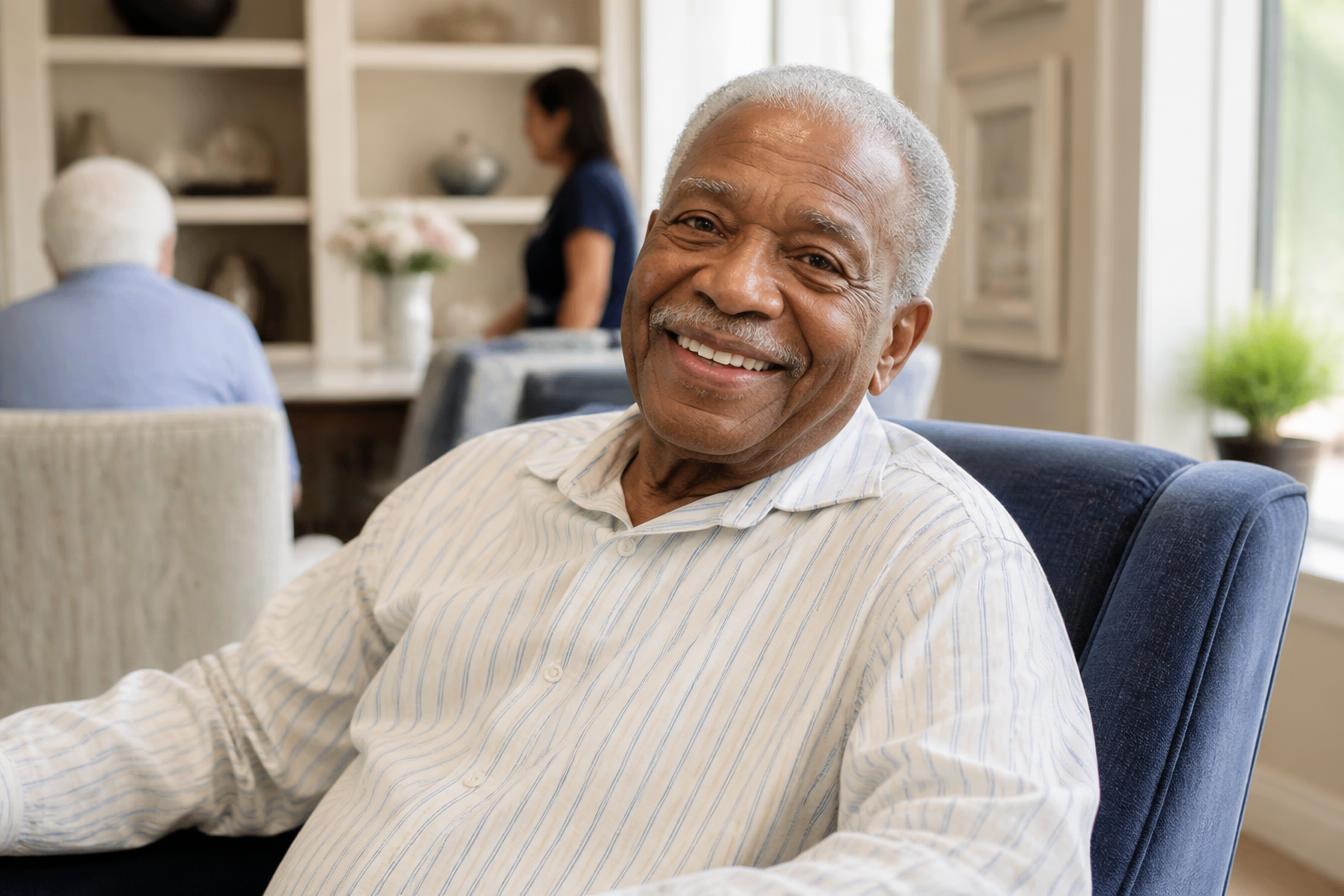 A happy Black senior resident in a nursing home